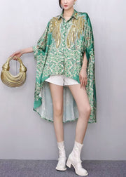 Boutique Green Sequins Print Low High Design Tops Summer