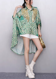 Boutique Green Sequins Print Low High Design Tops Summer