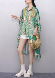 Boutique Green Sequins Print Low High Design Tops Summer