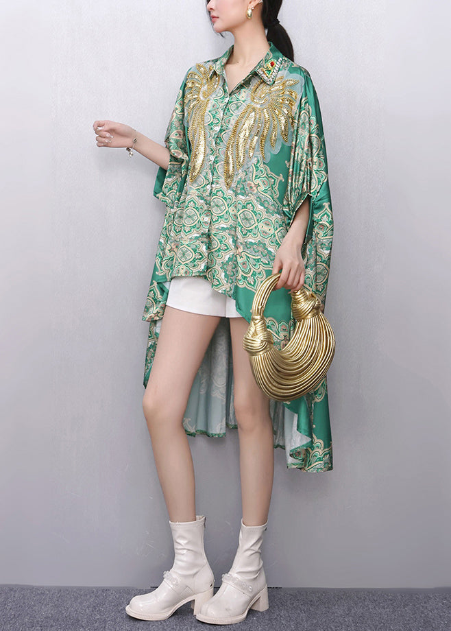 Boutique Green Sequins Print Low High Design Tops Summer