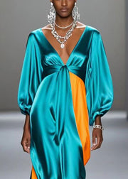 Boutique Green V Neck Patchwork Silk Maxi Dress Spring