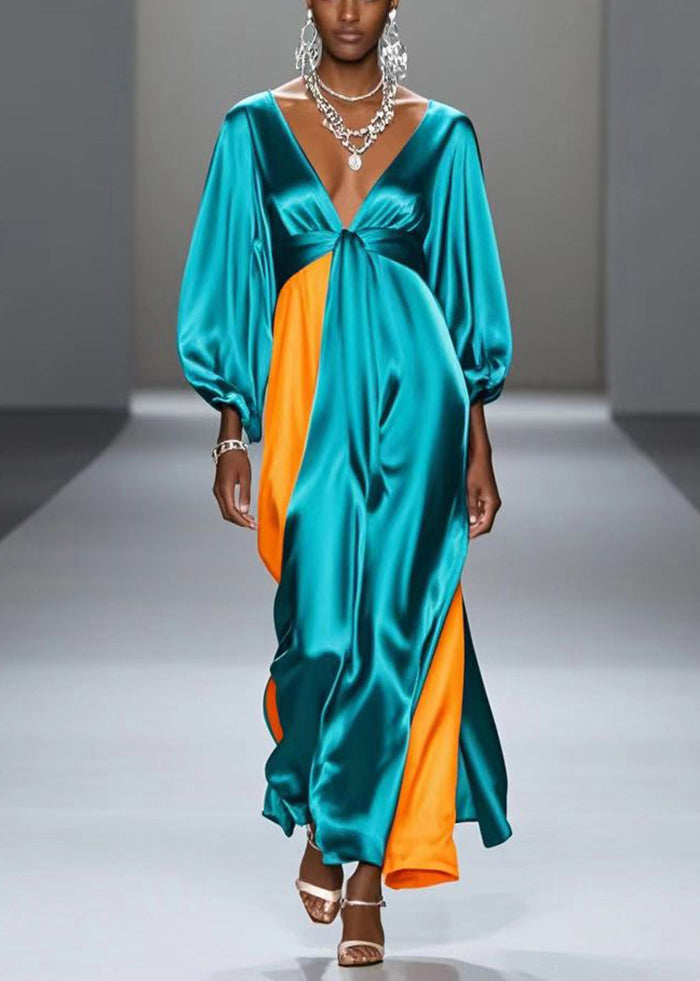 Boutique Green V Neck Patchwork Silk Maxi Dress Spring