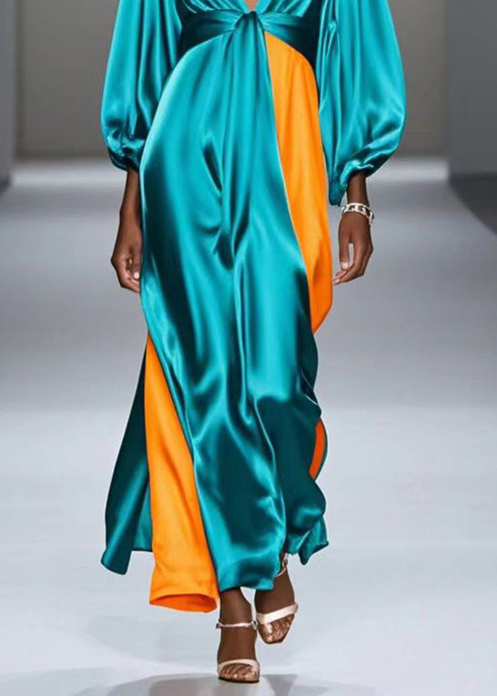Boutique Green V Neck Patchwork Silk Maxi Dress Spring