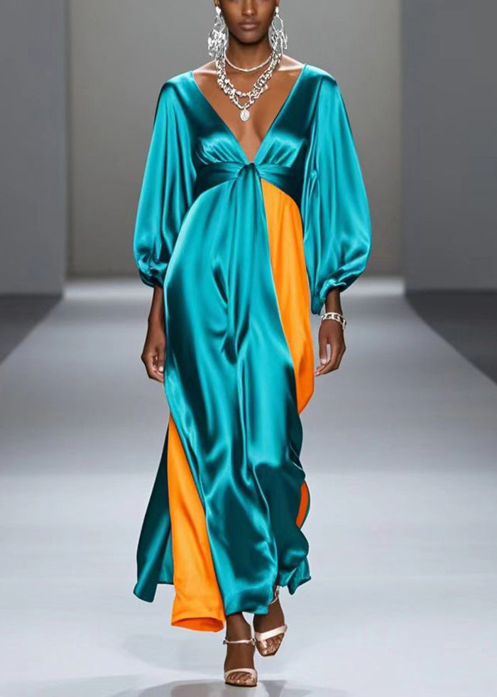 Boutique Green V Neck Patchwork Silk Maxi Dress Spring