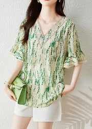 Boutique Green V Neck Print Chiffon Shirt Butterfly Sleeve