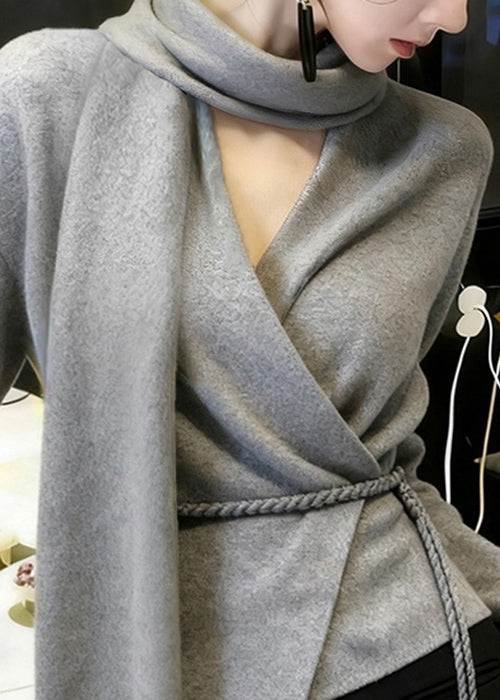 Boutique Grey Bow Tie Waist Solid Knit Sweaters Winter