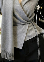 Boutique Grey Bow Tie Waist Solid Knit Sweaters Winter