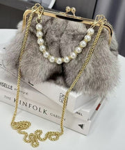 Boutique Grey Fuzzy Fur Fluffy Chain Linked Messenger Bag