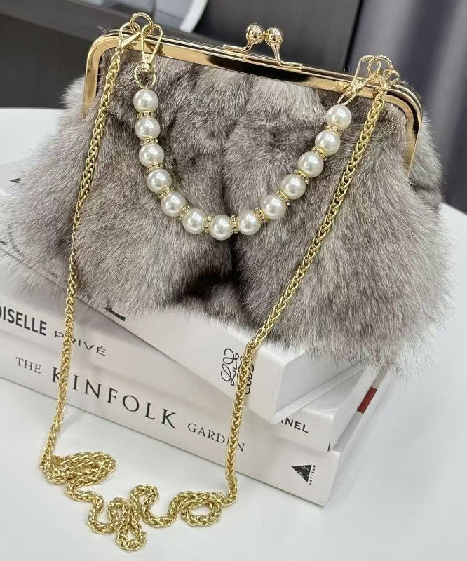 Boutique Grey Fuzzy Fur Fluffy Chain Linked Messenger Bag