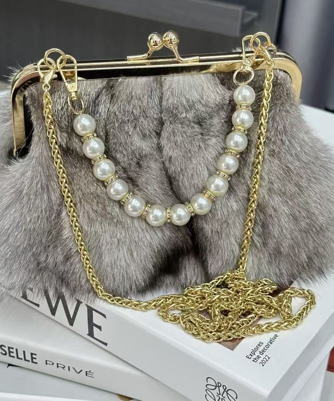 Boutique Grey Fuzzy Fur Fluffy Chain Linked Messenger Bag