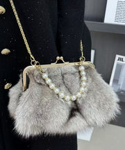 Boutique Grey Fuzzy Fur Fluffy Chain Linked Messenger Bag