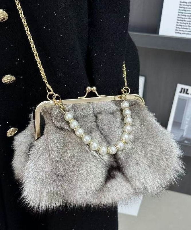 Boutique Grey Fuzzy Fur Fluffy Chain Linked Messenger Bag