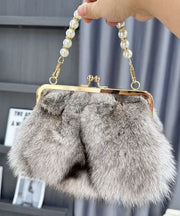 Boutique Grey Fuzzy Fur Fluffy Chain Linked Messenger Bag