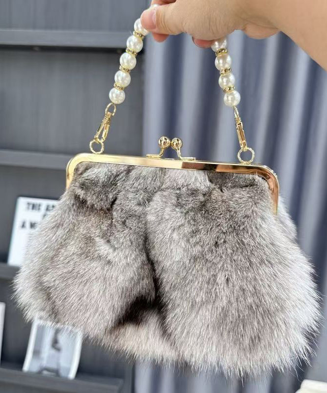 Boutique Grey Fuzzy Fur Fluffy Chain Linked Messenger Bag