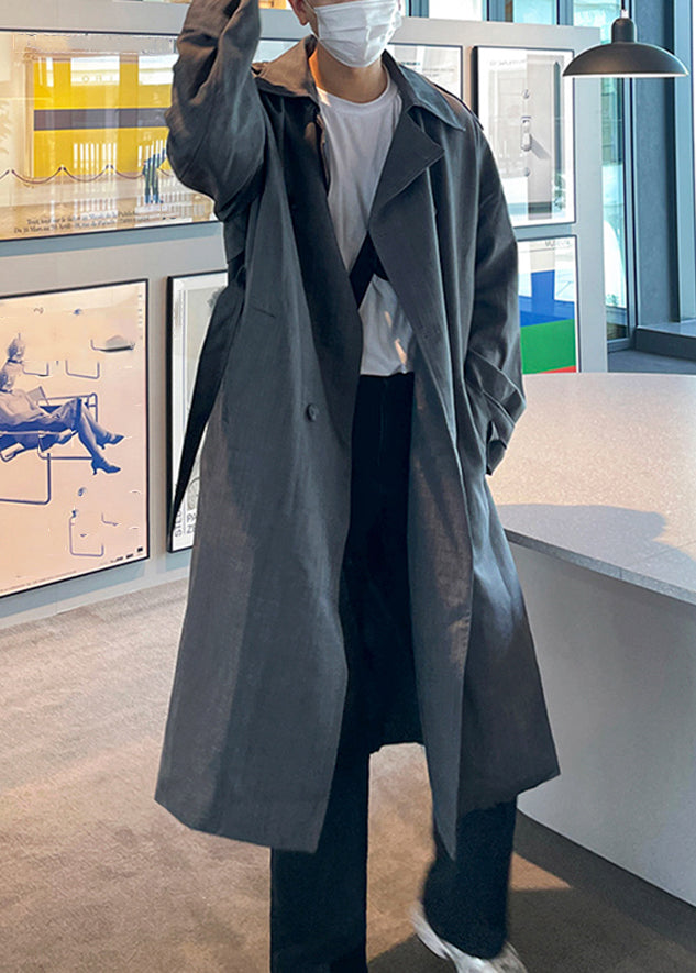 Boutique Grey Notched Pockets Cotton Mens Long Trench Coat Spring