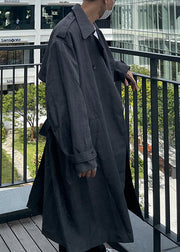 Boutique Grey Notched Pockets Cotton Mens Long Trench Coat Spring
