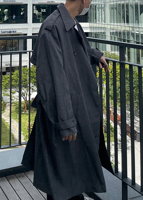 Boutique Grey Notched Pockets Cotton Mens Long Trench Coat Spring
