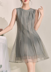 Boutique Grey O-Neck Patchwork Tulle Mid Dress Summer