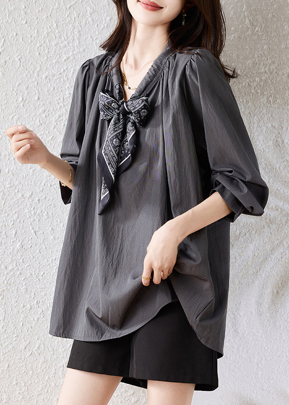 Boutique Grey Oversized Drawstring Scarf Cotton Blouses Fall