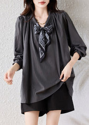 Boutique Grey Oversized Drawstring Scarf Cotton Blouses Fall