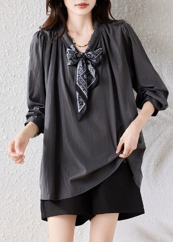Boutique Grey Oversized Drawstring Scarf Cotton Blouses Fall
