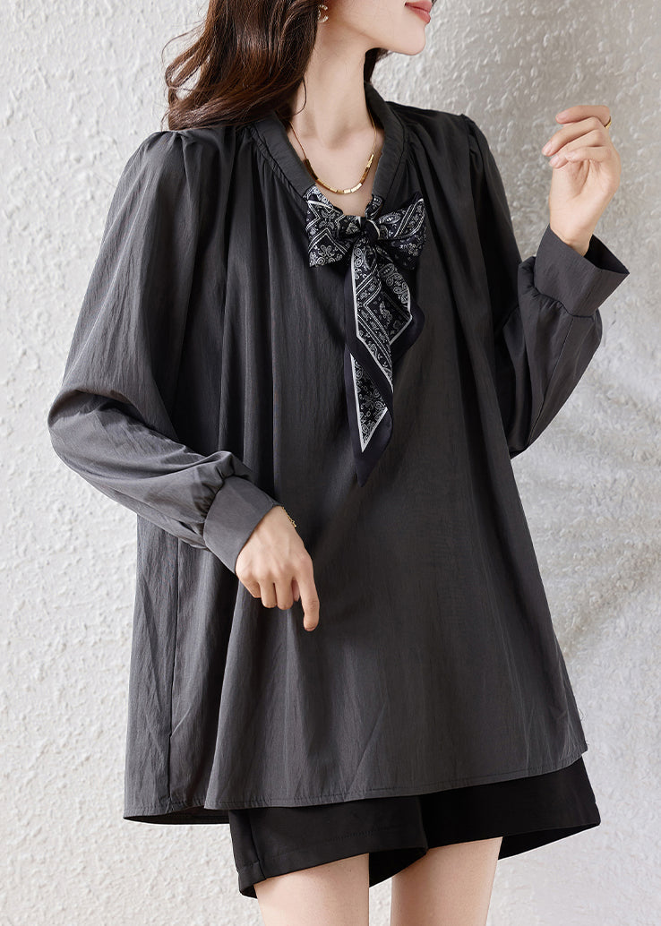 Boutique Grey Oversized Drawstring Scarf Cotton Blouses Fall