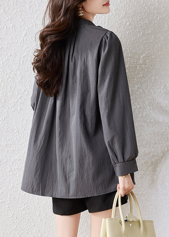 Boutique Grey Oversized Drawstring Scarf Cotton Blouses Fall