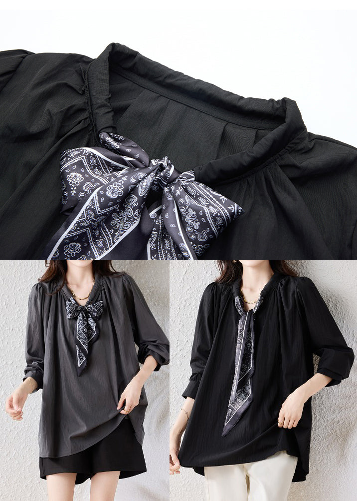 Boutique Grey Oversized Drawstring Scarf Cotton Blouses Fall