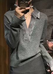 Boutique Grey Peter Pan Collar Patchwork Cotton Knit Sweaters Flare Sleeve