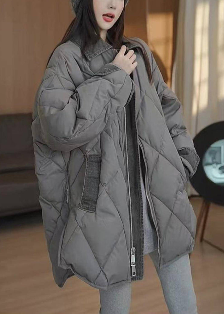 Boutique Grey Peter Pan Collar Pockets Plaid Zippered Puffers Jackets Winter