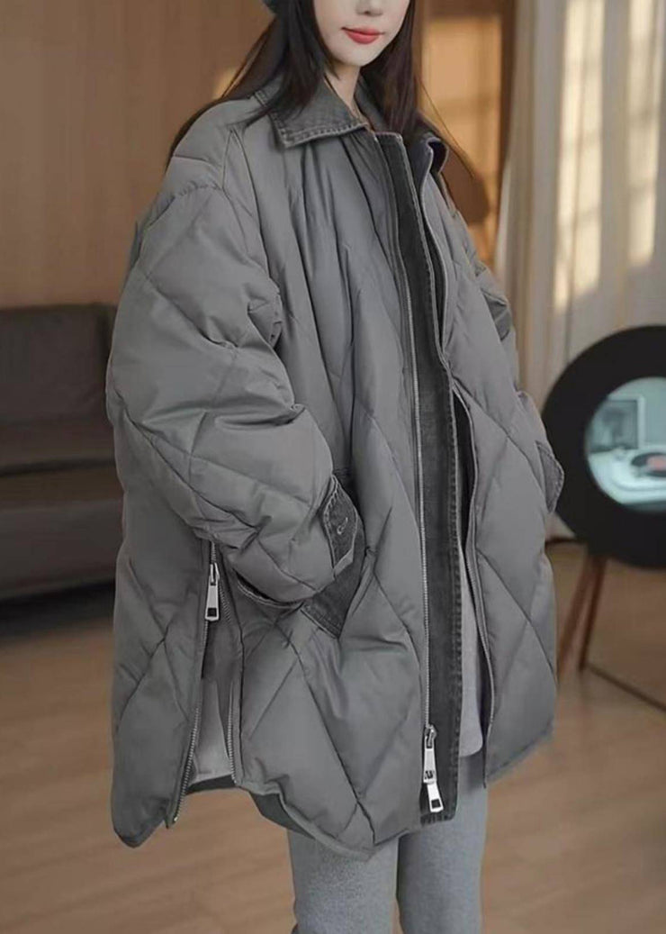 Boutique Grey Peter Pan Collar Pockets Plaid Zippered Puffers Jackets Winter