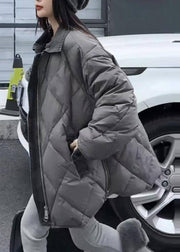 Boutique Grey Peter Pan Collar Pockets Plaid Zippered Puffers Jackets Winter