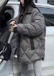 Boutique Grey Peter Pan Collar Pockets Plaid Zippered Puffers Jackets Winter