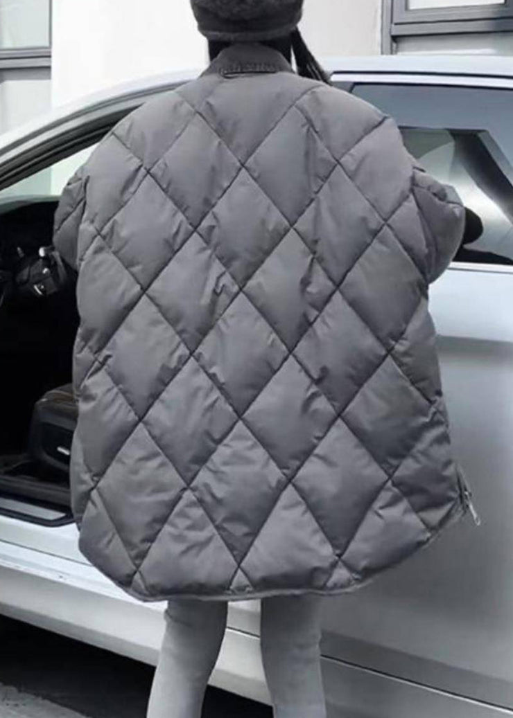 Boutique Grey Peter Pan Collar Pockets Plaid Zippered Puffers Jackets Winter