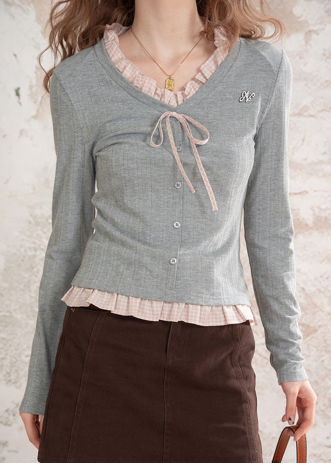 Boutique Grey Ruffled Patchwork Cotton Shirt Top Fall