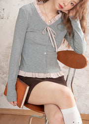 Boutique Grey Ruffled Patchwork Cotton Shirt Top Fall