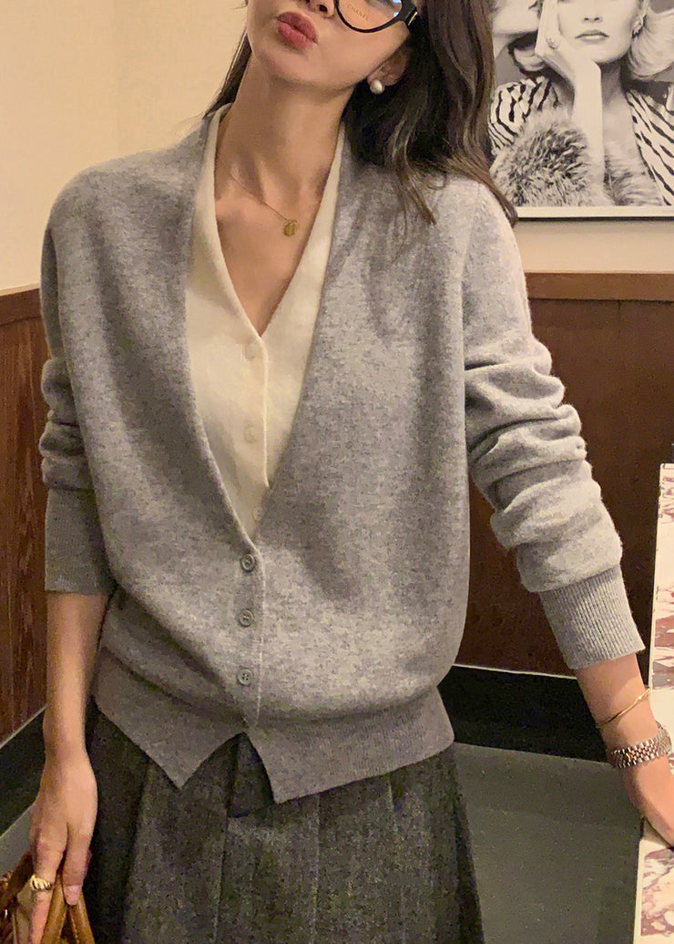 Boutique Grey V Neck Patchwork False Two Pieces Woolen Sweaters Fall