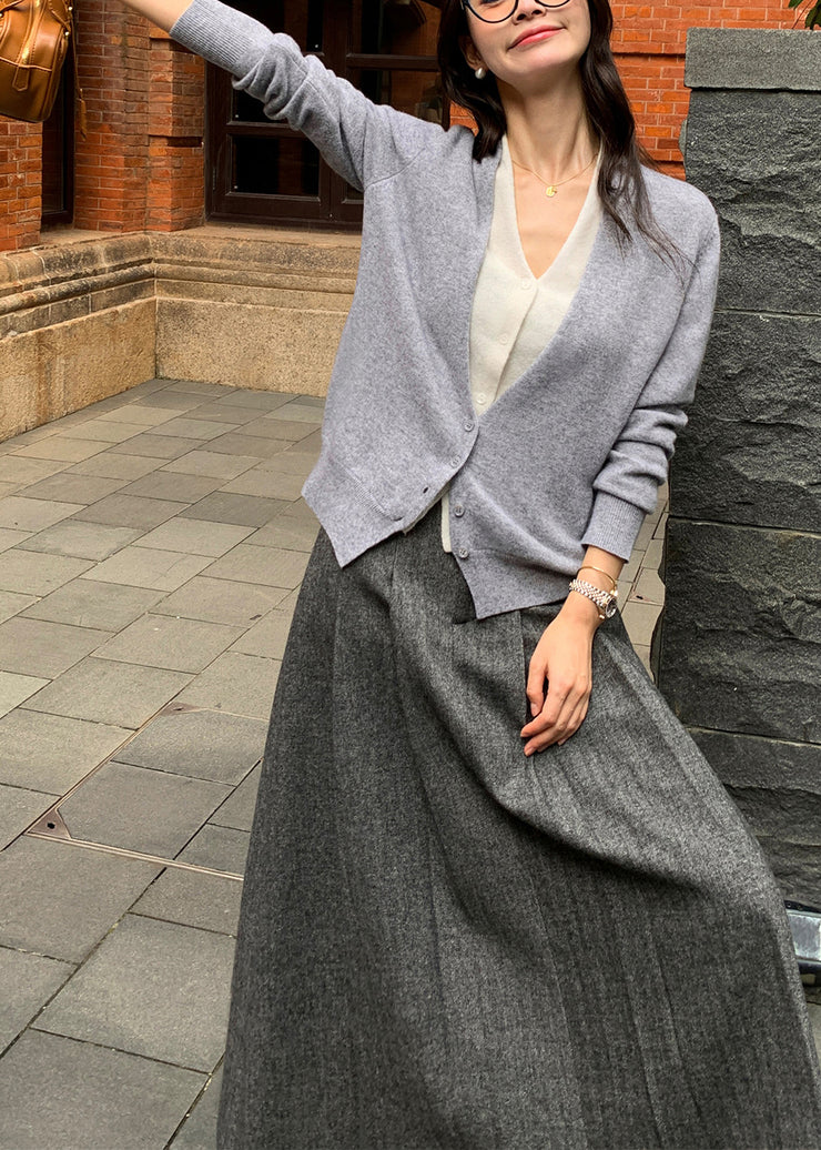 Boutique Grey V Neck Patchwork False Two Pieces Woolen Sweaters Fall