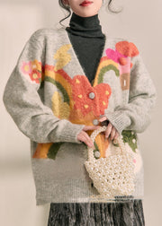 Boutique Grey V Neck Print Cotton Knit Cardigans Fall