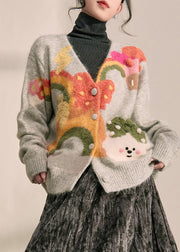 Boutique Grey V Neck Print Cotton Knit Cardigans Fall