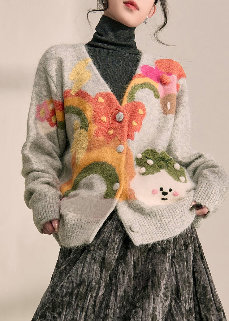 Boutique Grey V Neck Print Cotton Knit Cardigans Fall