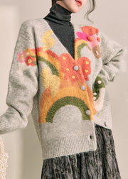 Boutique Grey V Neck Print Cotton Knit Cardigans Fall
