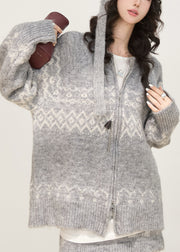 Boutique Grey Zip Up Print Knit Two Piece Set Spring