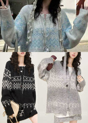 Boutique Grey Zip Up Print Knit Two Piece Set Spring