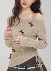 Boutique Khaki Cold Shoulder Drawstring Knit Top Fall