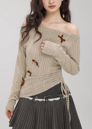 Boutique Khaki Cold Shoulder Drawstring Knit Top Fall