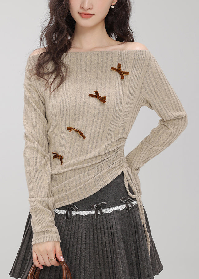 Boutique Khaki Cold Shoulder Drawstring Knit Top Fall