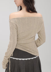 Boutique Khaki Cold Shoulder Drawstring Knit Top Fall