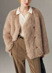 Boutique Khaki Double Breast Warm Faux Fox Fur Coats Winter