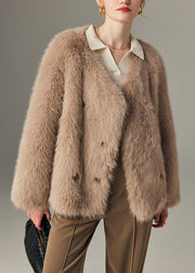 Boutique Khaki Double Breast Warm Faux Fox Fur Coats Winter
